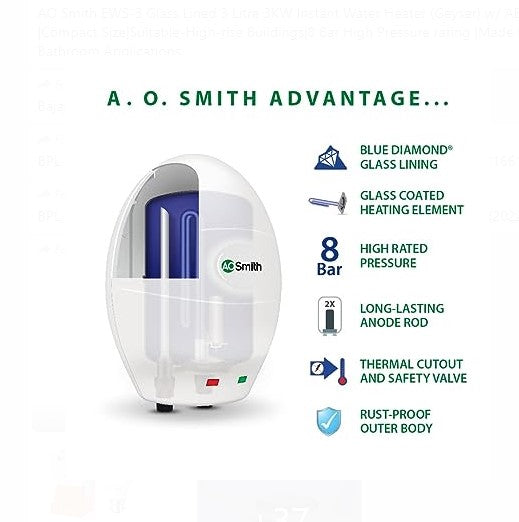 Ao Smith EWS-3 Glass Lined 3 Liter 3KW Instant Water Heater