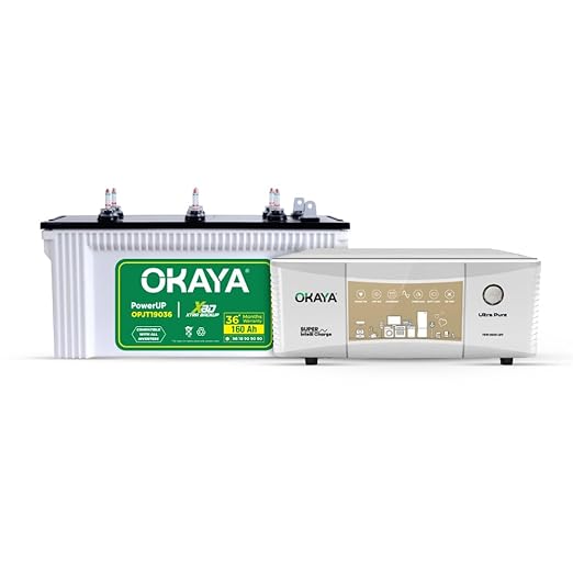 Okaya Inverter & Battery Combo (Smart Wave QSW 1500 Quasi Sine Wave 1250VA/12V with PowerUP OPJT19036 160Ah/12V) Inverter with Battery for Home, Office & Shops