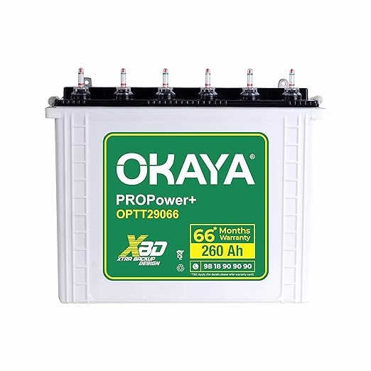 OKAYA PRO Power+ OPTT29066 260Ah Tall Tubular Inverter Battery | Longer Life & Extra Backup with 66 Months Warranty for Home, Office & Shops